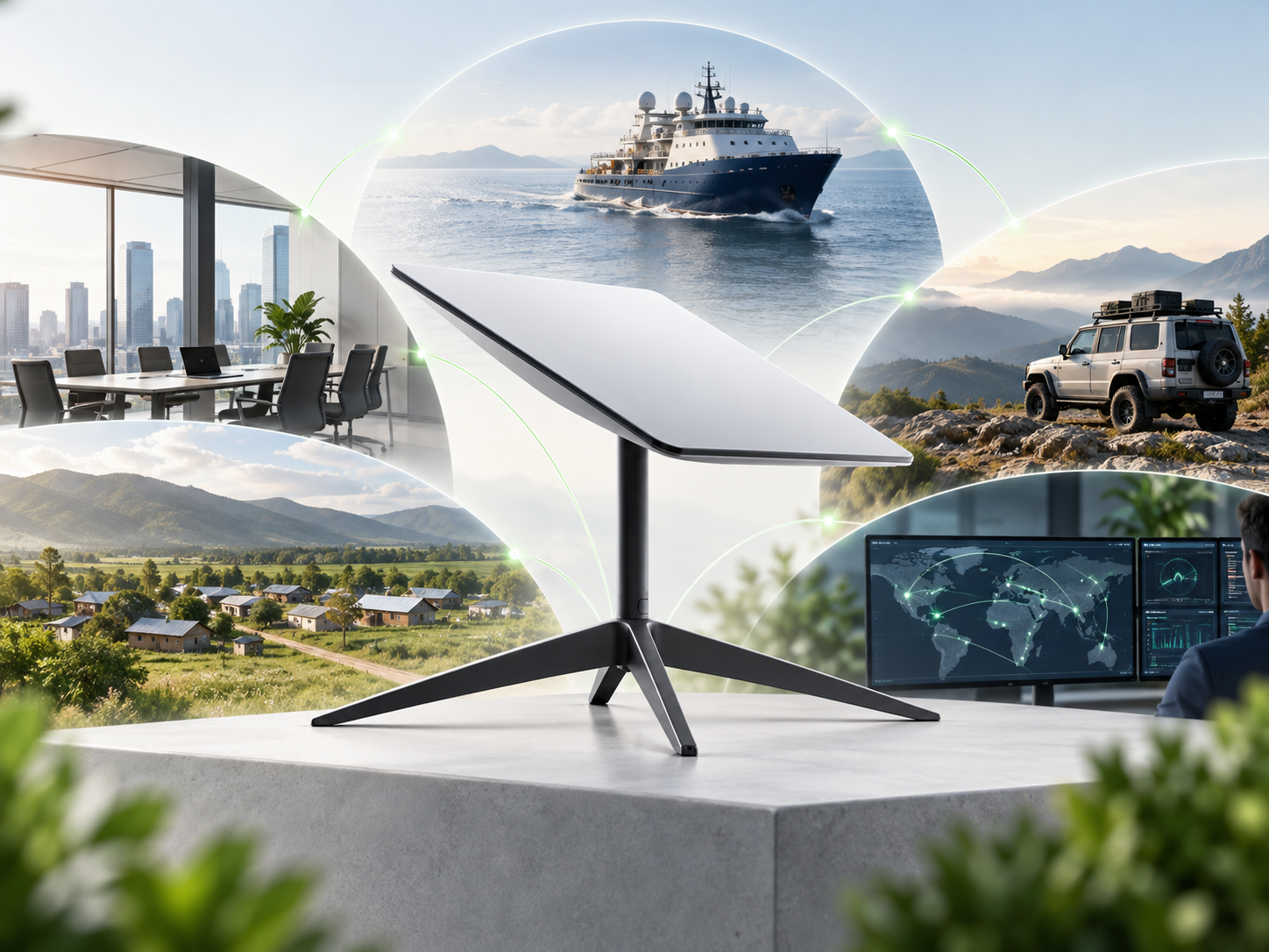 Composite illustration of E-Cube Starlink connectivity solutions across business, maritime, land mobility, rural and managed operations